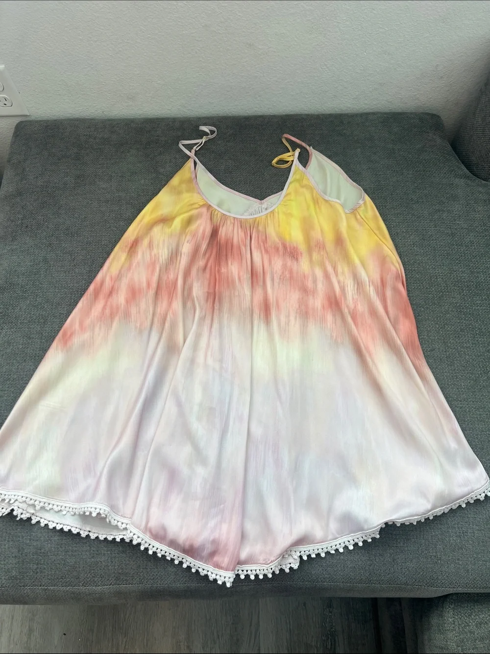 Free People Tie-Dye Satin Slip Romper in Yellow & Pink